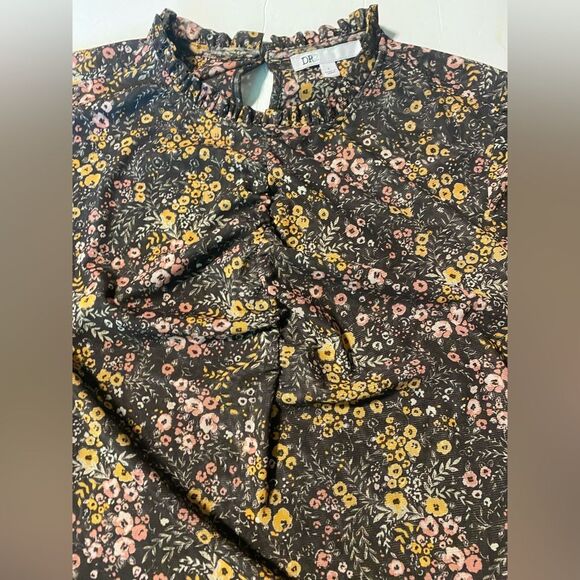 DR2 high neck brown micro floral print short sleeve blouse semi Sheer mesh L - Picture 3 of 9